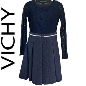 Vintage🧚‍♀️Vichy Dark Navy Blue Mesh Bodice Fit And Flare Dress Size 10